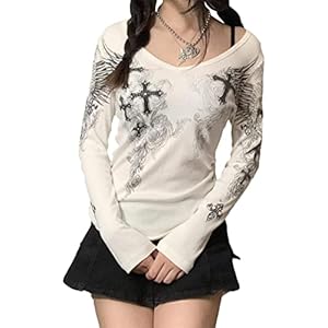 DAPOGO Y2K Long Sleeve Shirts voor dames, crop top, Harajuku T-shirts, bloemenprint, shirt jaren 90, meisjes, t-tops…