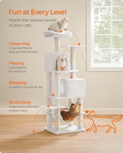 Image of Feandrea Cat Tree, 59.5-Inch Tall Cat Tower, Plush Multi-Level Condo with 5 Scratching Posts, 2 Perches, 2 Caves, Hammock, 2 Pompoms, Cream White UPCT192T01