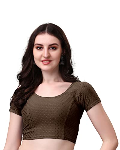 Image of Women's Stretch Cotton Saree Blouse | Readymade Blouse for Saree | Round Neck | Short Sleeves | Soft, Breathable & Comfortable