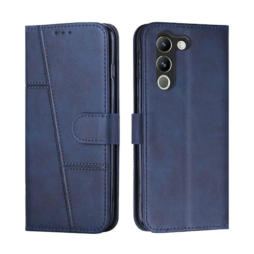 Image of for Vivo Y200 5G Flip Cover Leather Finish | Inside TPU with Card Pockets | Wallet Stand | Complete Protection Flip Case Blue