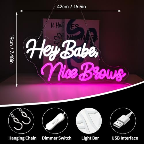 Image of Hey Babe Nice Brows Neon Sign Led Light Up Signs for Wall Decor Usb Powered Neon Light Signs Indoor Light for Room Decor Holiday Gift