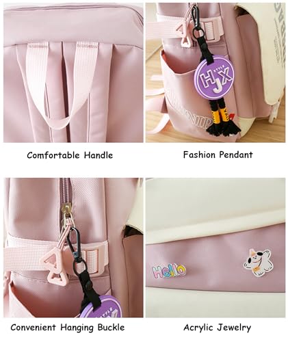 Kawaii 4PCS Backpack Set for Girls with Cute Bear Accessories - School Bookbag, Shoulder Bag, Handbag, Pen Pouch & More Student Back to School Supplies (24B01, Pink)3