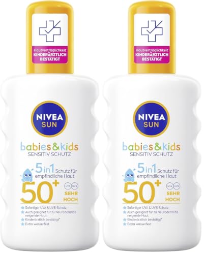 NIVEA SUN Babies & Kids Sensitiv Schutz 5in1 Sonnenspray LSF 50+ 2er-Set, extra wasserfestes Sonnencreme Spray für Kinder, duftfreier Sonnenschutz auch für zu Ekzemen neigende Haut (2 x 200 ml)