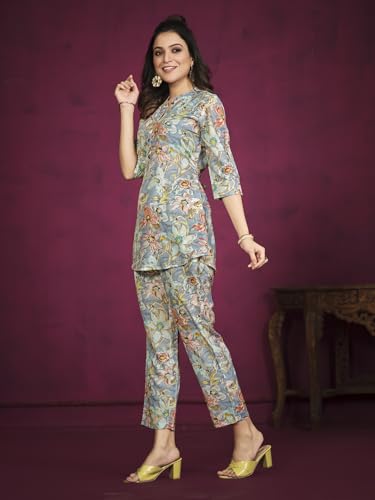 Nainvish Women's Polyester Printed Straight V-Neck Co-Ord Top & Pant Set (Sd598_Kb-Xl_Blue Greyish)