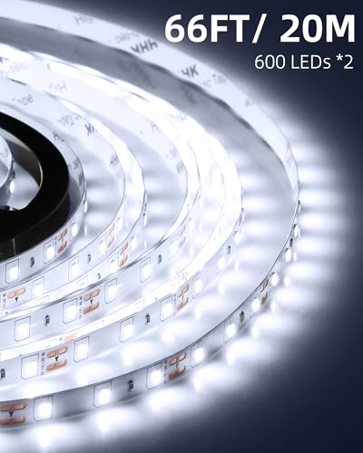Image of 66ft LED Strip Lights with Remote, 6500K Daylight White Dimmable Tape Lights, 12V 1200 LEDs 2835 Strong Adhesive Rope Lights for Cabinet Kitchen Ceiling Closet Vanity Mirror Stairway Basement