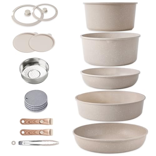 RIOVARM Induction Non Stick Frying Pan and Pot Set with Lids, Granite Cookware Set with Detachable Handles, Stackable Kitchen Cookware with Removable Handles, Camping Frying Pan Set, PFOA Free