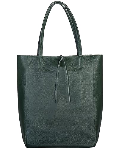 Image of Genuine Italian Leather Tote Bag for Women, Large Slouchy Purse, Dark Green | Unstructured bag, raw unlined interior with zip pocket, top zipper, side ties, folds flat, fits a 16-inch laptop, lightweight