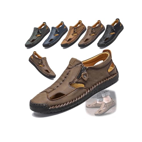 Men's Leather Fisherman Sandals Closed Toe Slip On Breathable Summer Casual Beach Walking Shoes Anti-Slip Outdoor Driving