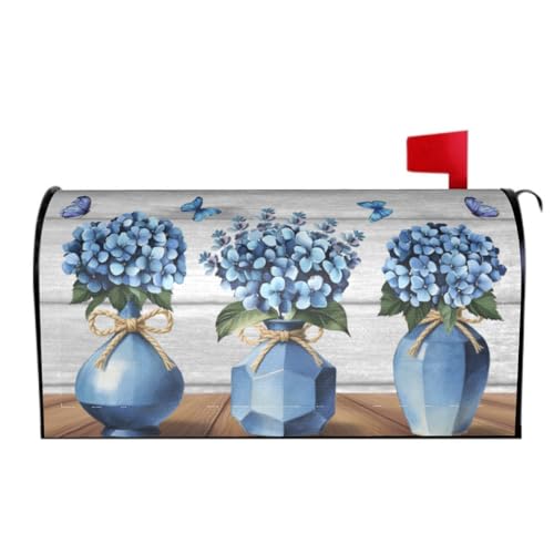 Image of Hydrangea Flowers Mailbox Cover Magnetic, Spring Summer Vintage Blue Floral Vases Mailbox Wrap 21x18Inch, Standard Size Waterproof Letter Post Cover for Yard Garden Outdoor Outside Decor
