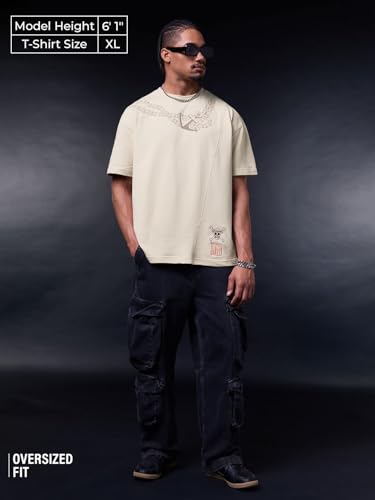 Image of The Souled Store One Piece: Pirates Men and Boys Short Sleeves Round Neck Beige Graphic Printed Anime Casual Drop Shoulder Streetwear Lightweight Cotton Oversized T-Shirt