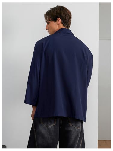 Image of OYOANGLE Men's Open Front 3 /4 Sleeve Kimono Jackets Loose Casual Drop Shoulder Cardigans Outerwear Dark Blue Large