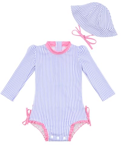 Image of ALVA Girls' One Piece Swimsuit with Hat, Baby Rash Guard Sets,Long Sleeve Zipper UPF 50+ Sun Protection Bathing Suit