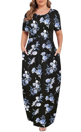 Image of KARALIN Women Plus Size Maxi Dress Short Sleeve Round Neck Loose Fit A-Line | Plus Size Long Dress,Summer Casual Maxi Dresses,Short Sleeve,Side Pockets,Round Neck,Elastic Waist,14 Plus - 26 Plus