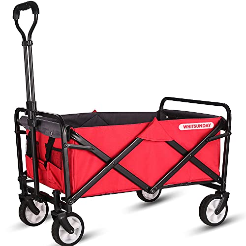 WHITSUNDAY Collapsible Folding Garden Outdoor Park Utility Wagon Picnic Camping Cart,Wagon Cart Heavy Duty Foldable for Picnic Camping Cart with Wheel and Bottle Holders Red -  Whitsunday Shop Inc.