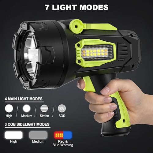 Rechargeable Spotlight, 99000 Lumens Super Bright Led Spotlights Flashlight with Cob Light, 10000ɱAh Spot Lights, Handheld Spotlight for Hunting Boating Outdoor, Long Runtime