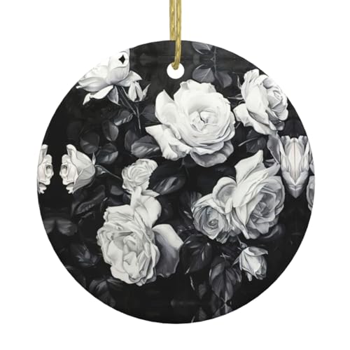 Adorno de cerámica con estampado de rosas blancas y negras para colgar en las fiestas, adorno de Navidad, ideas de regalo