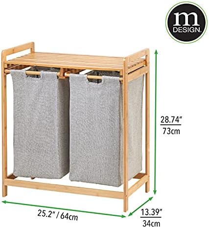 mDesign Washing Basket Unit  Laundry Hamper with Duel Pull-Out Bags  Unit with Storage Shelf Space for Washing and Bathroom Accessories  Natural Bamboo