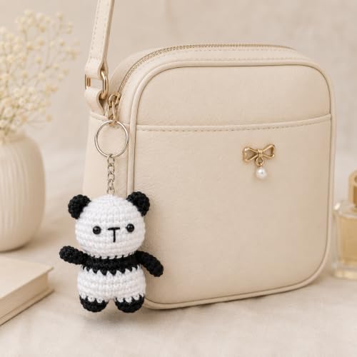Image of Handmade Crochet Keychain | Cute Knitted Key Ring Charm | Crochet Animal, Fruit, Flower, Evil Eye & Food Plush Keychain for Car Keys, Backpack, Handbag & Gift (Pack of 1) (Panda)