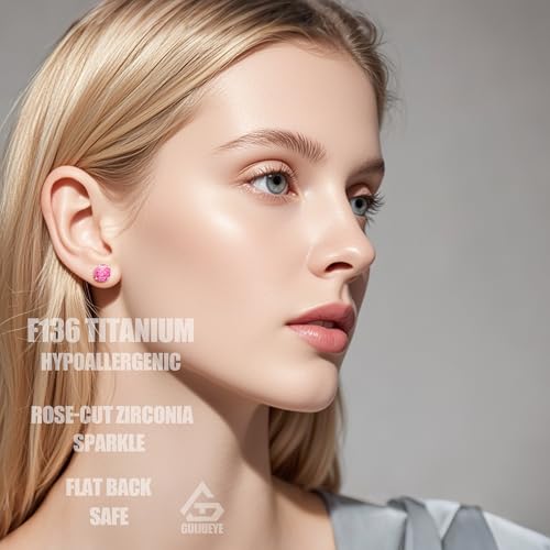 Hypoallergenic G23 Titanium Screw-on Flat Back Stud Earrings with Rose Cut Cubic Zirconia- 20G ASTM F136 Implant Grade Titanium Earrings for Sensitive Ear Women (Pink)2
