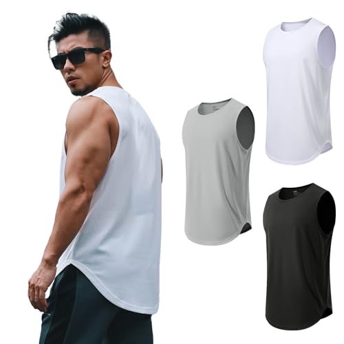 Mens Sports Singlets 3 Pack Men's Gym Singlets - Lightweight Quick-Dry Sleeveless Tops for Running & Training | Breathable Oversized Activewear Vest（Black/White/Grey,X-Large-XX-Large）