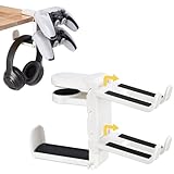 3-in-1 Under Desk Headphone Hanger with Adjustable Clamp Mount, 2 Controller Slots & 1 Headset Universal Holder Stand, Rotatable Hook Rack & Cable Organizer, for Home Gaming Xbox ps5 - White