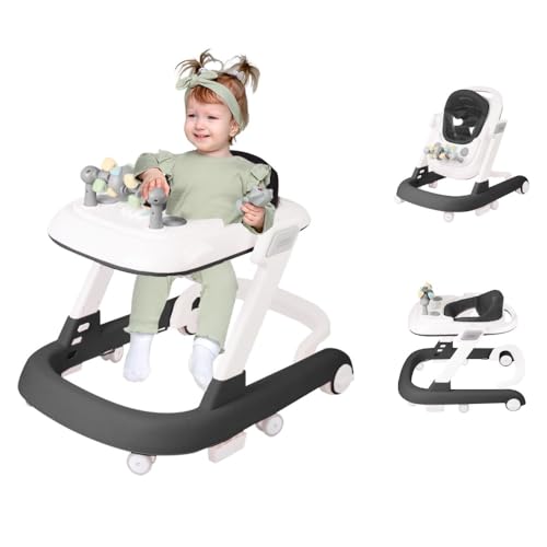 OHMG Babywalker 5 en 1 - Carro de despertar y caminar para pasear, función basculante con ruedas, luz, música, zona de juegos plegable (negro, 60 x 55 x 70 cm)