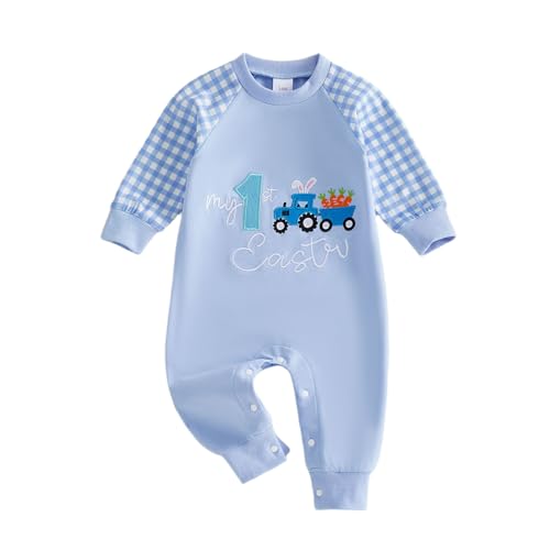 BeQeuewll Newborn Girl Boy Easter Outfit Infant Sweatshirt Jumpsuit Heart Rompers Baby First Easter Outfit (Easter Blue 3-6 Months)