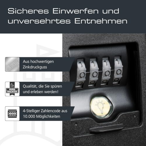 Burg-Wächter Schlüsseltresor mit 4-stelligem Zahlencode für außen und innen, magnetisch, beleuchtet, sicher, Wandmontage, Key Safe 60 L SB, Schwarz