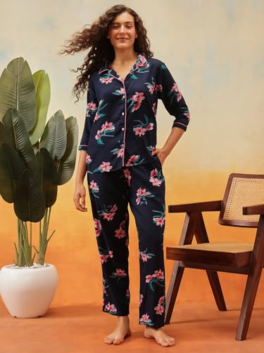 Image of Clovia Women's Cotton Printed Button Down Shirt & Pyjama Night Suit Set