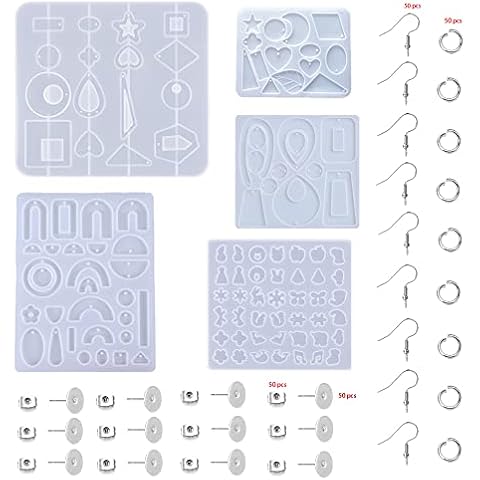 205 pcs Resin Jewelry Casting Mold and Earring Hooks, BOSOIRSOU Silicone Pendant Molds Stud Earring Molds Bracelet Necklace Jewelry Making Kits Epoxy Casting Moulds, with Earring Hook Jump Ring Cover