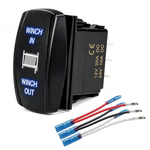 YSFER Winch Switch, DPDT 7-Pin ON/Off/ON Winch in/Out Momentary Rocker Switch with Jumper Wires, 3 Way 20A 12V 10A 24V DC Waterproof Winches Toggle Switches for Cars Trucks Boats