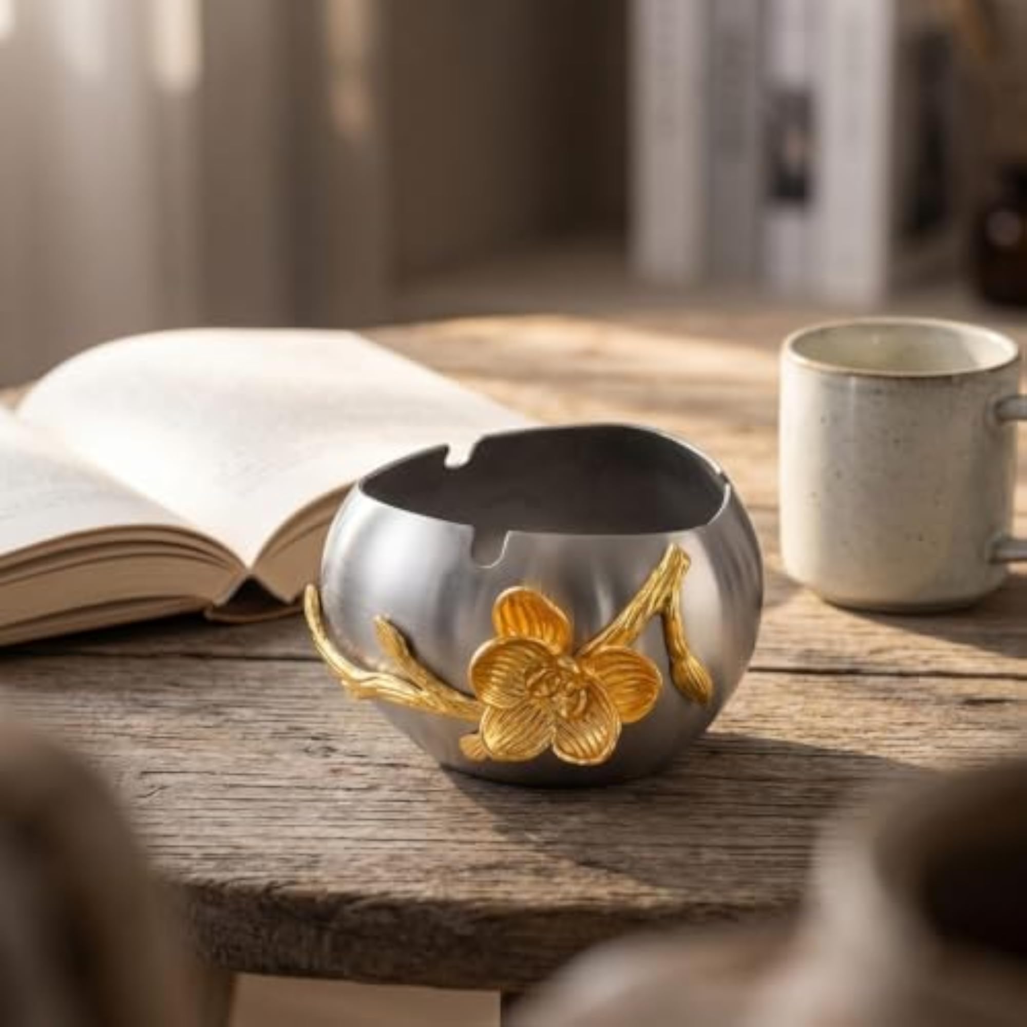 Stainless Steel Decorative Vessel with Flower Accent