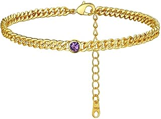FindChic Cuban Chain Anklet with 12 Month Synthetic Birthstone Foot Jewelelry Adjustable Gold Plated Ankle Bracelets for Women