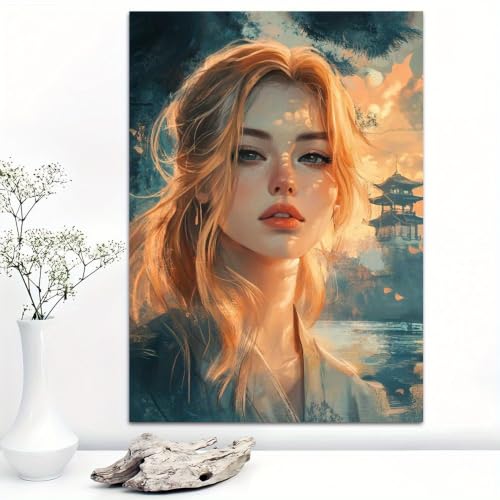 Tableau sur toile portrait jeune fille blonde décoration murale cadre 55x75cm