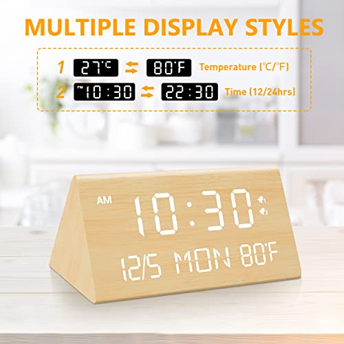 Fomobest Wooden Digital Alarm Clock, 0-100% Dimmer, Dual Alarm Settings, Weekday/Everyday Mode, 9 Mins Snooze, 12/24H, Temperature And Date Display, Modern Clock For Kids Bedroom Living Room #TOP4