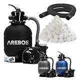 [Datos técnicos de la bomba del filtro] Material: Carcasa robusta y resistente a la corrosión de plástico y metal | Alimentación eléctrica: 220-240 V~, 50 Hz | Material del filtro: máx. 20 kg de arena o bolas de filtro (1400 g incluidos) | manguera de 2 m de longitud | Tamaño de grano recomendado: Ø 0,4 ~ 0,8 mm | Dimensiones del sistema de filtrado de la piscina (LxAxH): 458 x 298 x 621 cm.