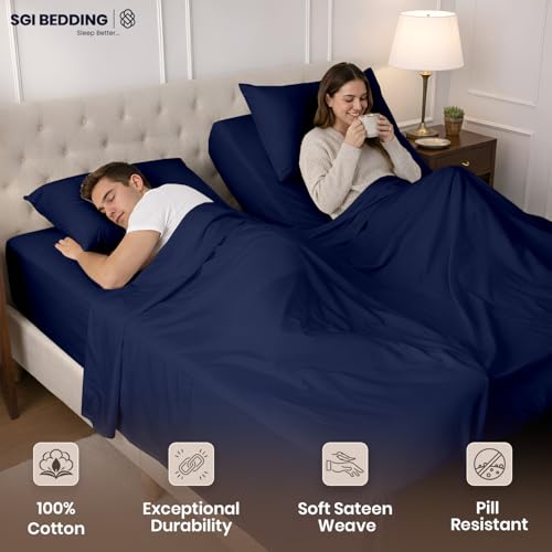 Image of SGI Split King Sheet Set for Adjustable Bed Egyptian Premium Cotton 600 Thread Count Sheets for Sleep Number Bed 15 inch Deep Pocket 5 Pc Set with 2 Twin XL Fitted Sheets Soft Breathable -Navy Blue