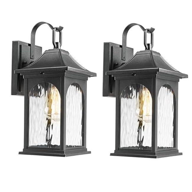 Outdoor Wall Mounted Lights 2-Pack Black Sconce with Water Ripple Glass