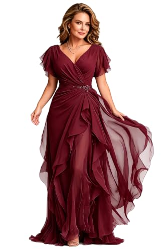 Short Sleeve Mother of The Bride Dress for Wedding Ruffle Chiffon V Neck