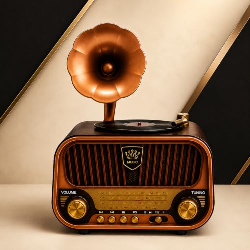 Image of Fire Turtle Vintage-Style FM Radio with Bluetooth Speaker | Portable Retro Music Player with Type-C Charging USB, SD Card, Headphone Jack & Frequency Knob - Brown