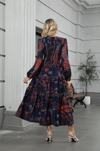 ZAFUL Womens Fall Floral Smocked Maxi Dress Long Puff Sleeve Bohemian Dresses Flowy Tiered Ruffle Wedding Guest Dress3