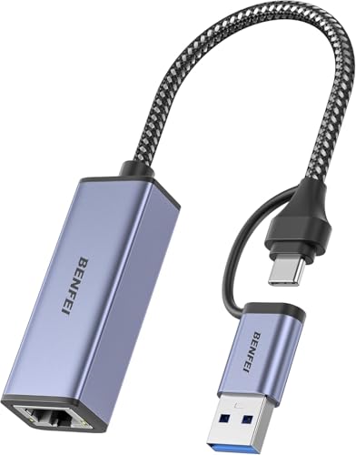 Image of BENFEI USB 3.0 to Ethernet Adapter, USB C to RJ45 Gigabit LAN (1000Mbps) Network Adapter, Compatible with MacBook /Pro /Air, Surface Pro, Windows 11 /10 /8 /7, Mac OS [Aluminium Shell&Nylon Cable]