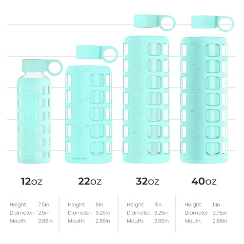 purifyou 40/32/22/12 oz Glass Water Bottles, Reusable with Time & Volume Markings, Non-Slip Silicone Sleeve, Stainless Steel Lid, for Water, Milk & Juice (12oz FrostedMist)