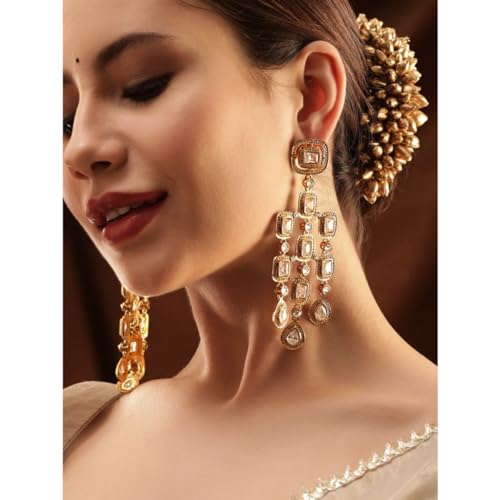 Image of Rubans 22K Gold-Plated /Rhodium-Plated Chandelier Earrings - Cubic Zirconia Studded Antique Traditional Chandelier Earrings for Womens & Girls
