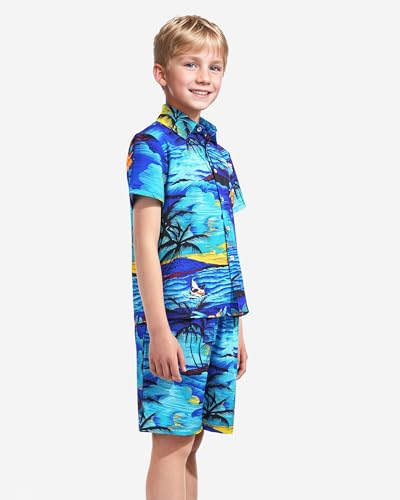 HASMES Boys Hawaiian Outfits Tropical Print Button Down Shirts and Short Sets for 5-12Y Kids - Image 5