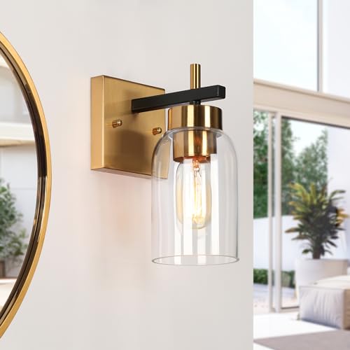 Image of Black Gold Wall Sconce, Modern Brass Sconce Wall Lighting with Clear Glass Shade for Bathroom, Hallway, Kitchen, and Bedroom