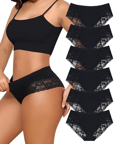 LEVAO Cotton Underwear for Women Lace Cheeky Bikini Panties Stretch Ladies Soft Hipster Briefs 6 Pack S-XXL