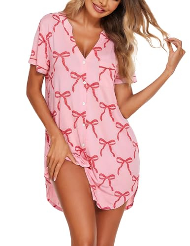 Image of Ekouaer Nightgowns for Women Button Down Night Gowns Short Sleeve Sleep Shirt V Neck Nightshirt Soft Sleepwear Pajams Dress