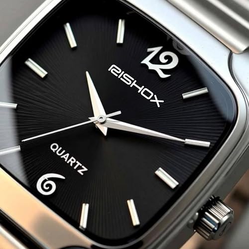 Image of Men's Analog Watch | Black Dial Square Stainless Steel Strap | Slim Quartz Wrist Watch for Men & Boys | Stylish Formal Casual Water Resistant Watch