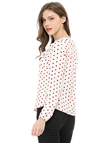 Allegra K Women's Ruffle Neck Long Sleeve Vintage Polka Dots Tunics Blouse Shirt L White Red